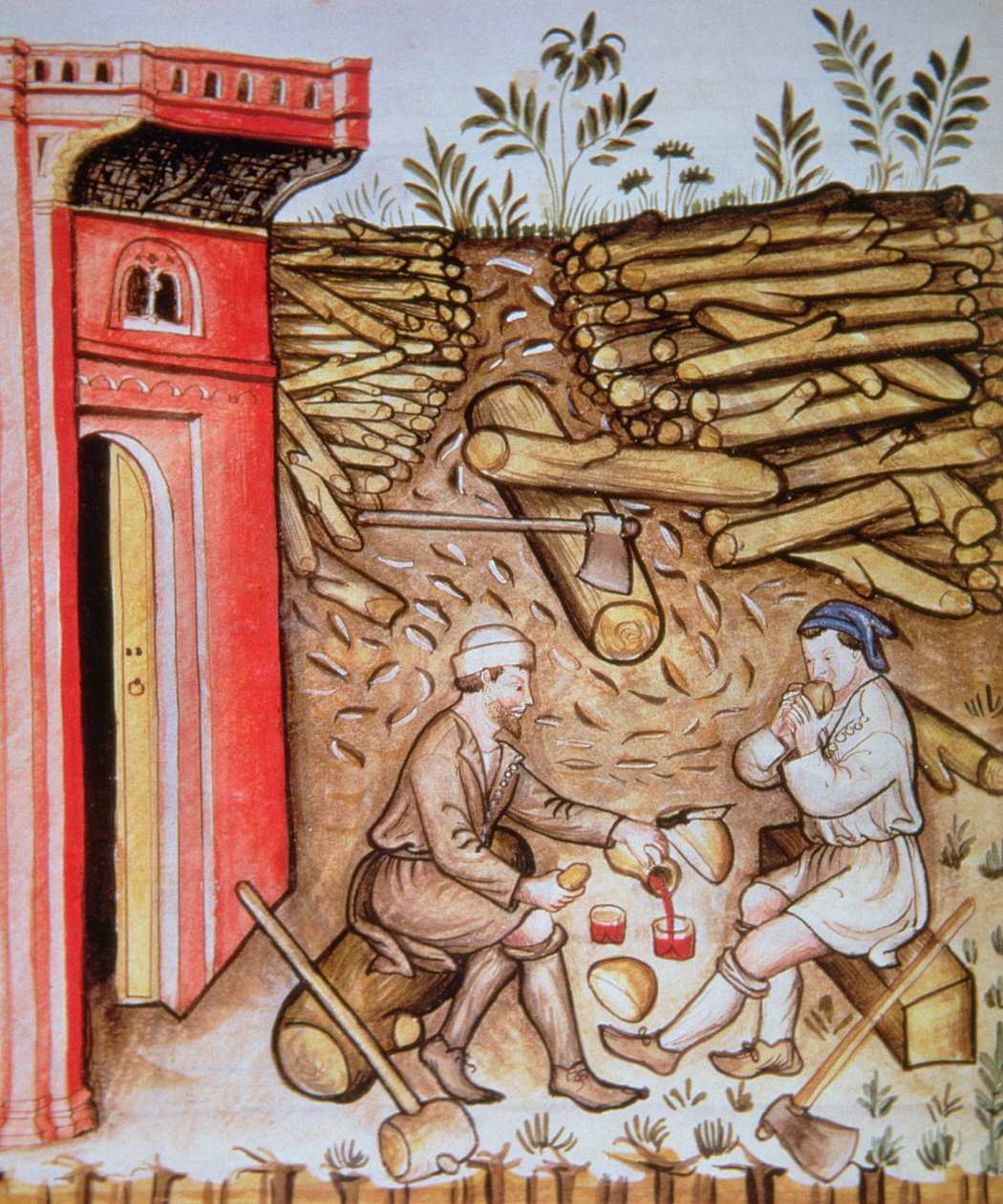 Fol.64r Kenyérevés és borivás, illusztráció a Tacuinum Sanitatis Codex Vindobonensisből alkotó: Italian School