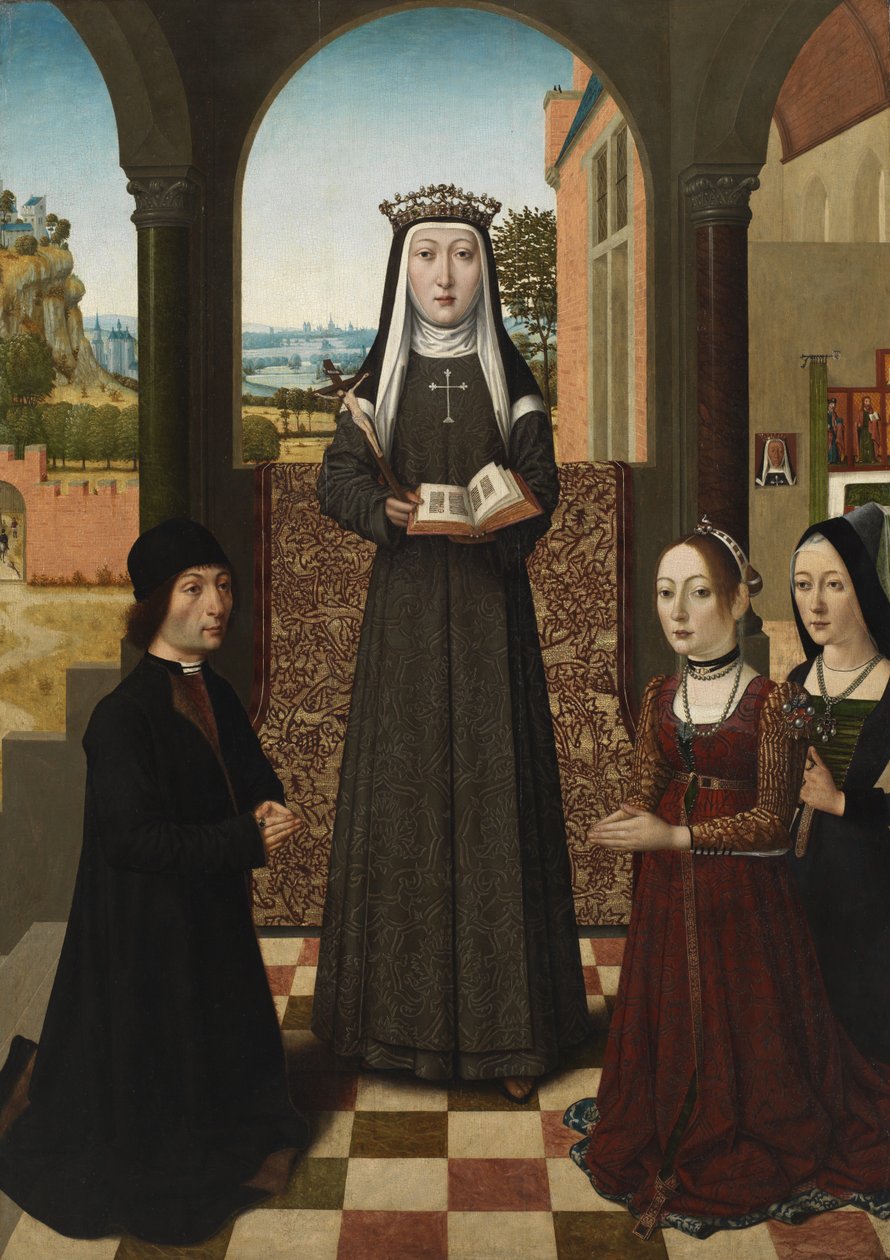 Bolognai Szent Katalin három adományozóval, 1470-80 körül alkotó: Master of the Baroncelli Portraits