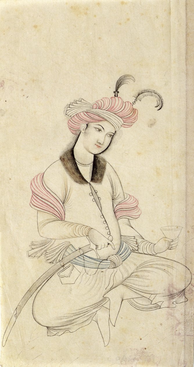 Egy perzsa fiatal, aki borospoharat tart, másik kezével a kardja markolatán, egy 17. század eleji iszfaháni eredeti után, 1825-35 körül (toll, tinta és mosás papíron) alkotó: Persian School