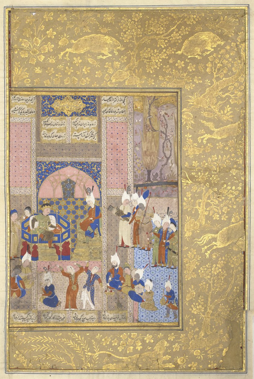 Sándor lakomázik a kínai császárral, 1525-50 körül (tinta, wc és arany pergamen) alkotó: Persian School