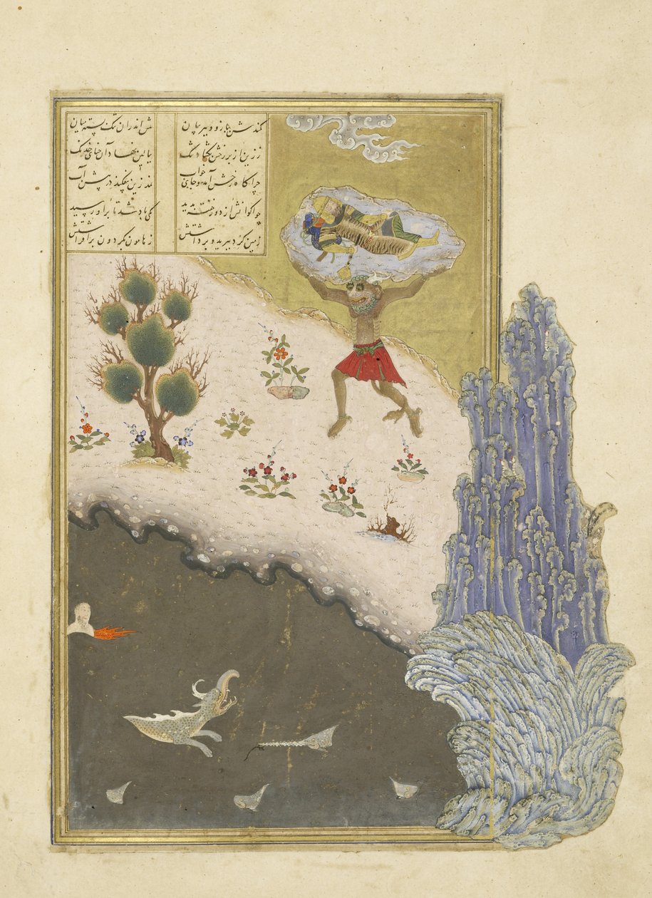 perzsa 239 fol.165b A div Akvan felemeli az alvó Rusztamot, illusztráció a Shahnama-ból (a Királyok könyvéből), Abul-Qasim Mansur Firdawsi (kb. 934-kb. 1020), 1444 alkotó: Persian School