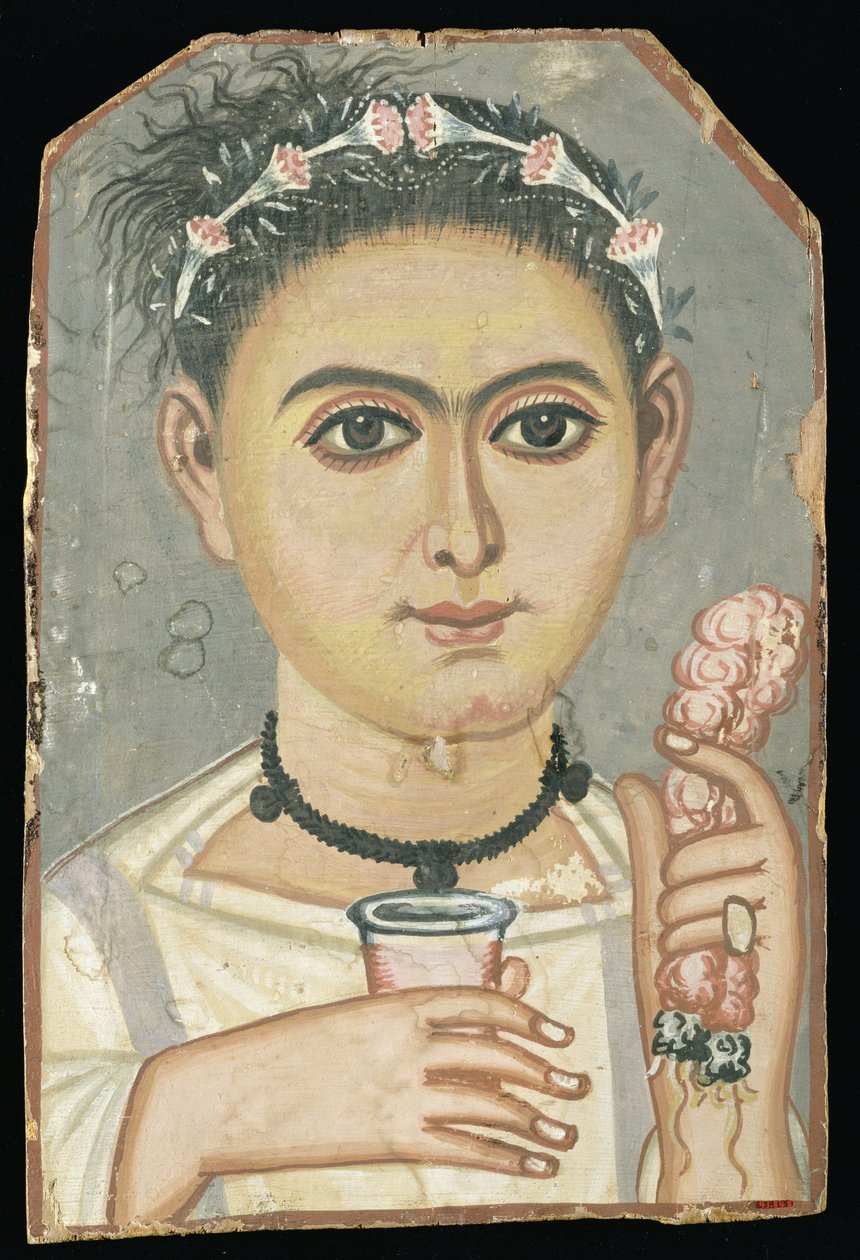 Fiatal portréja: fiú virágfüzérrel a hajában, valószínűleg Er-Rubiyatból, Faiyumból, Egyiptomból, 200-230 körül (tempera fán) alkotó: Roman