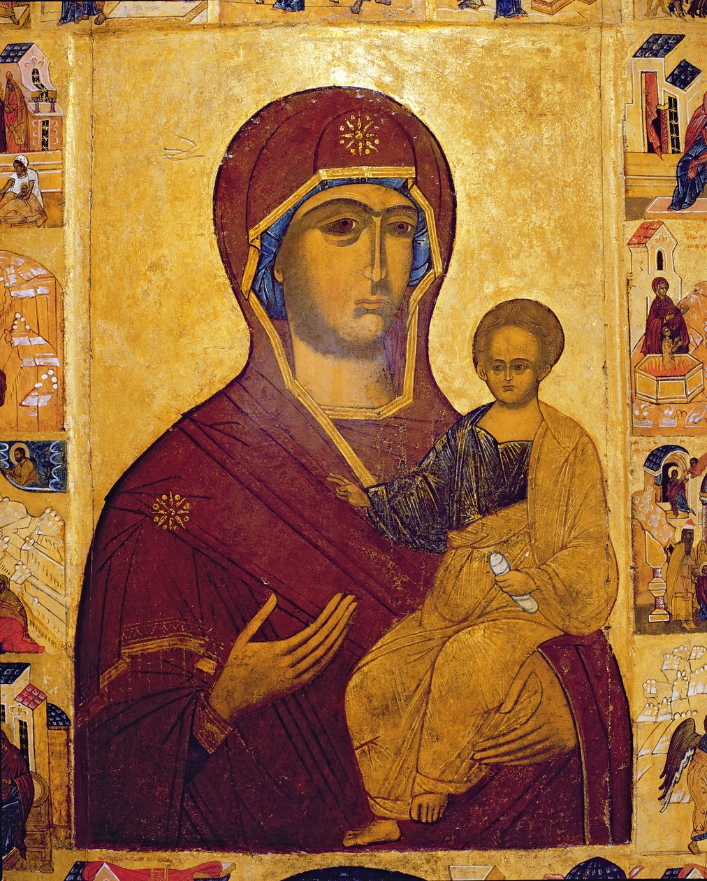 A Szűzet és a Gyermeket ábrázoló ikon, 1550 körül (tempera és aranylevél a panelen) (314500 részlet) alkotó: Russian School