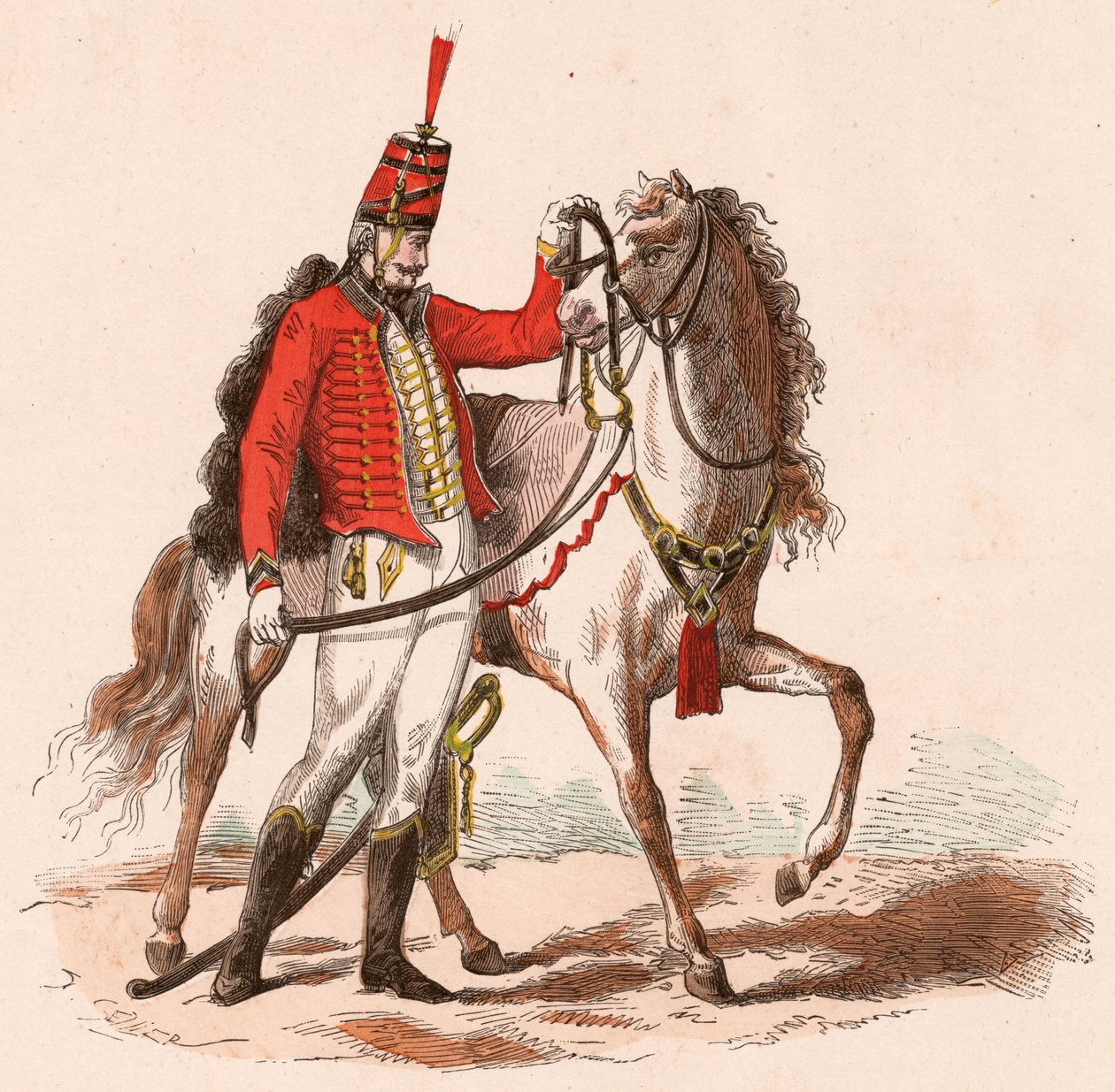 Egy francia huszár egyenruhában, lova mellett állva (színes metszet) alkotó: Unknown