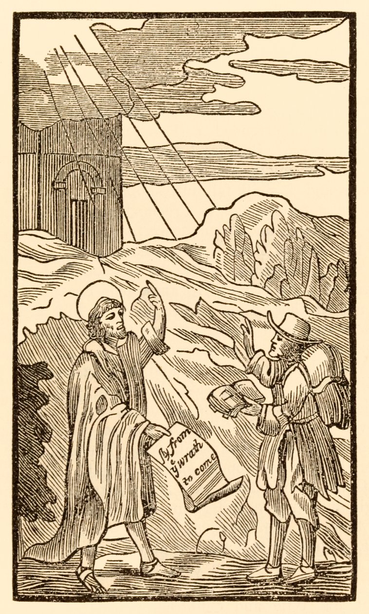 Christian már nem hagyja el a világot, de találkozik evangélistával a The Pilgrims Progress From This World, To That Who Is To Come című könyvéből, John Bunyan (1628-1688) alkotó: Unknown