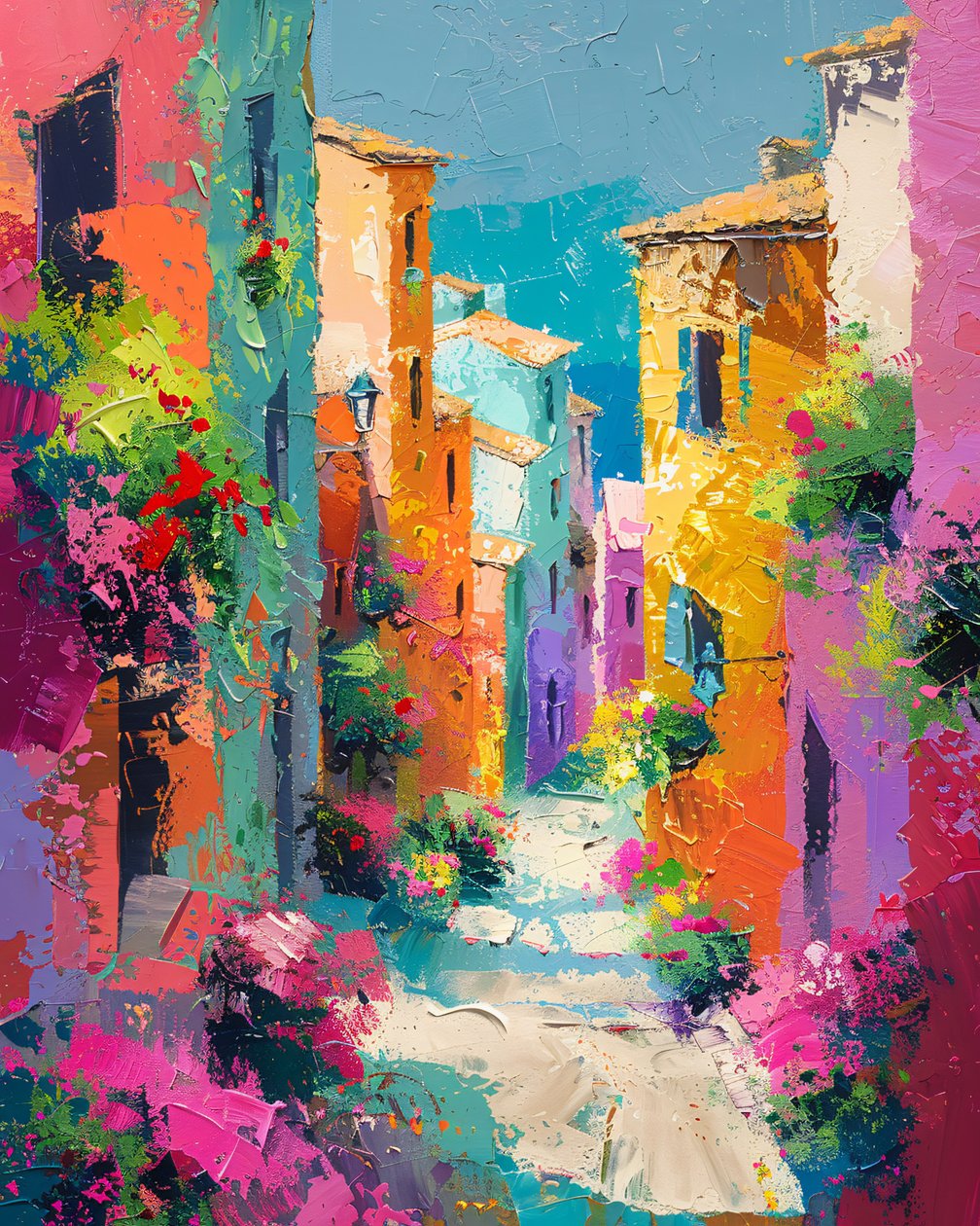 Absztrakt festmény színes házak egy mediterrán faluban utcán | art prints alkotó: F. Abderrahim