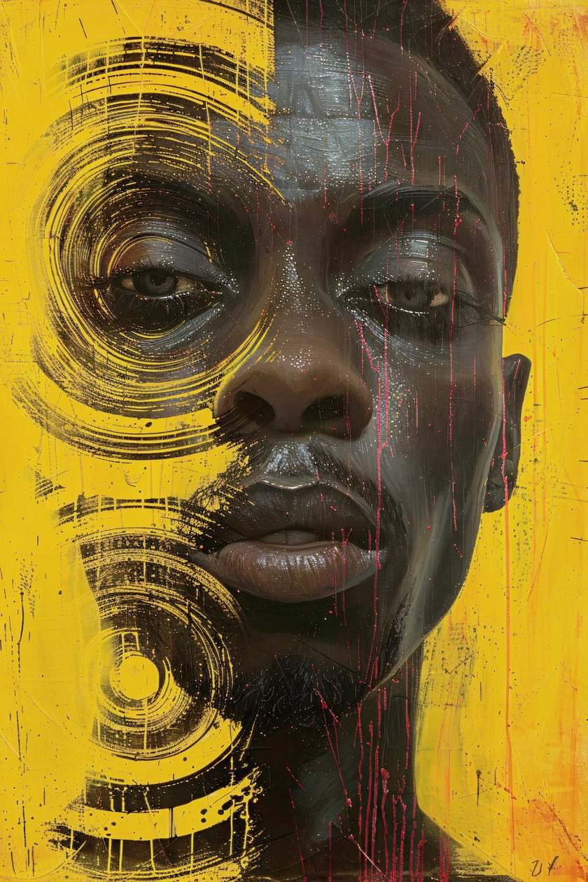 Minimalista absztrakt sci-fi szürreális szürrealizmus fekete férfi arc online vászon nyomatok alkotó: F. Abderrahim