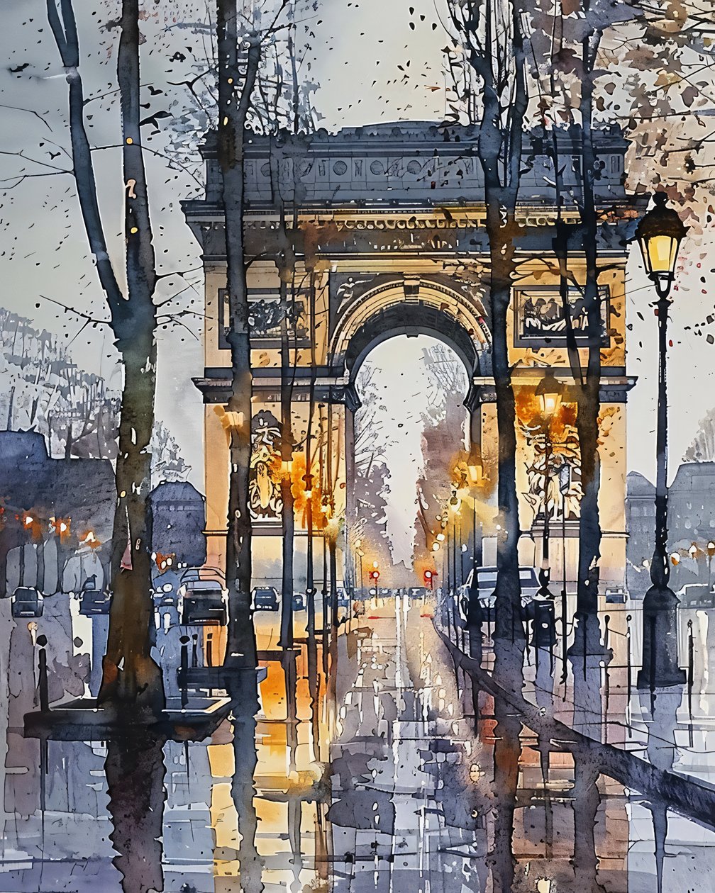 Akvarell festmény : Champs Elysées Párizs Franciaország télen | wall art prints alkotó: F. Abderrahim