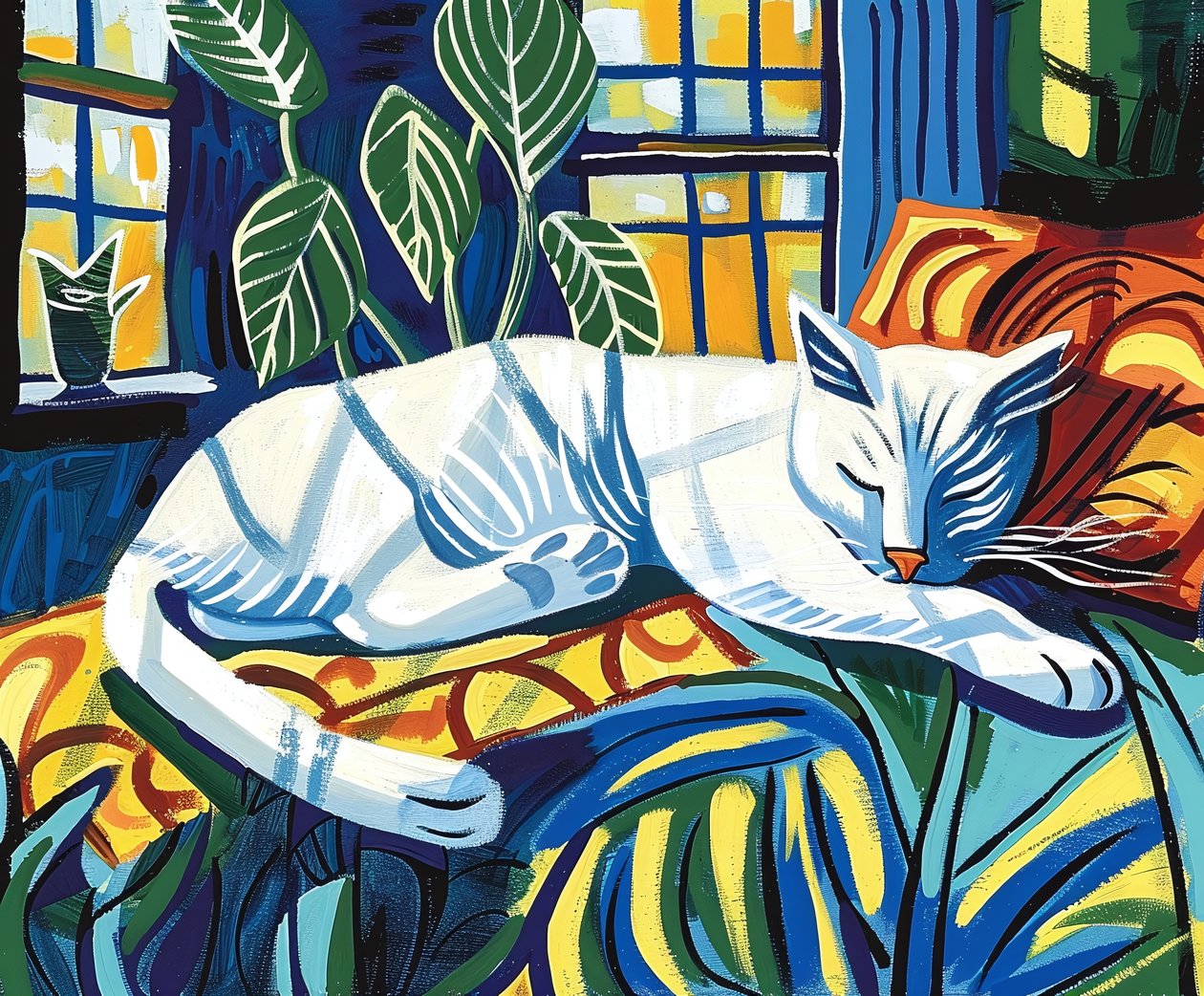 Fehér macska alszik a napfényben Matisse | fali dekoráció, művészeti nyomatok alkotó: F. Abderrahim