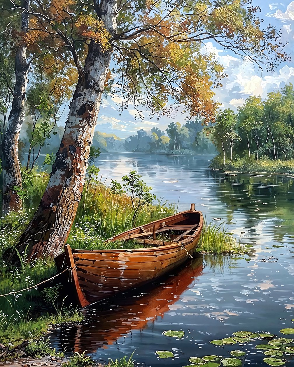 Egy felucca egy nyugodt, fákkal szegélyezett tóban, fali dekoráció hálószobába alkotó: F. Abderrahim