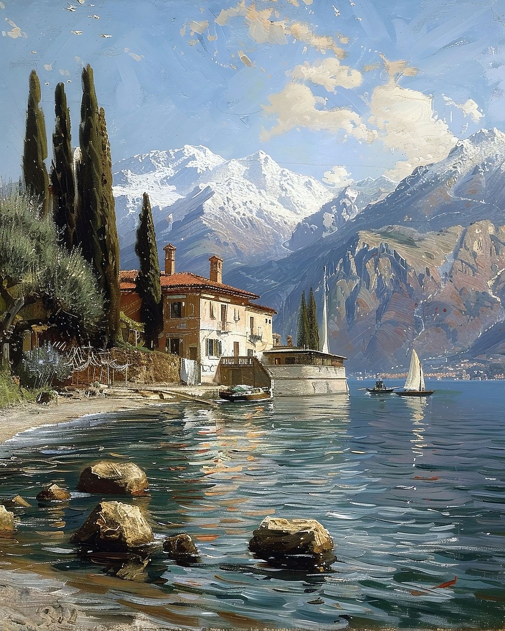 Egy ház, amely egy nagy tóra néz, egy hegyvonulat mellett. alkotó: F. Abderrahim