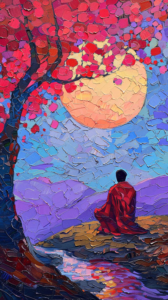 Egy férfi meditál egy fa alatt, vászon fali dekoráció, bekeretezett fali dekoráció alkotó: F. Abderrahim