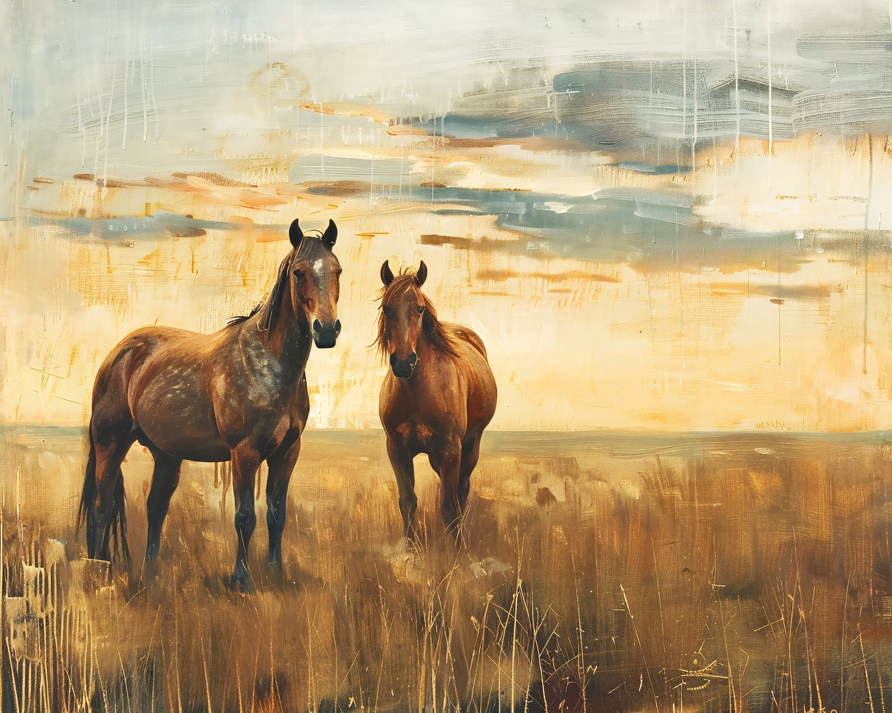 Olajfestmény Majestic Horses in a Field at Sunset, vászon és fali dekoráció alkotó: F. Abderrahim