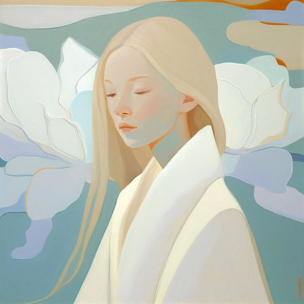 Abstract Likeness of a Light-Haired Girl in White, Olcsó fali dekoráció eladó alkotó: F. Abderrahim