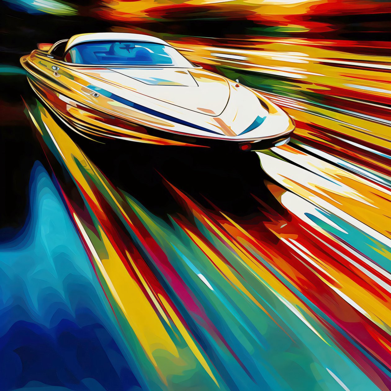 Siklás a fényen keresztül: Vászon nyomatok: Speedboat on a Shiny Road, vászon művészeti nyomatok alkotó: F. Abderrahim