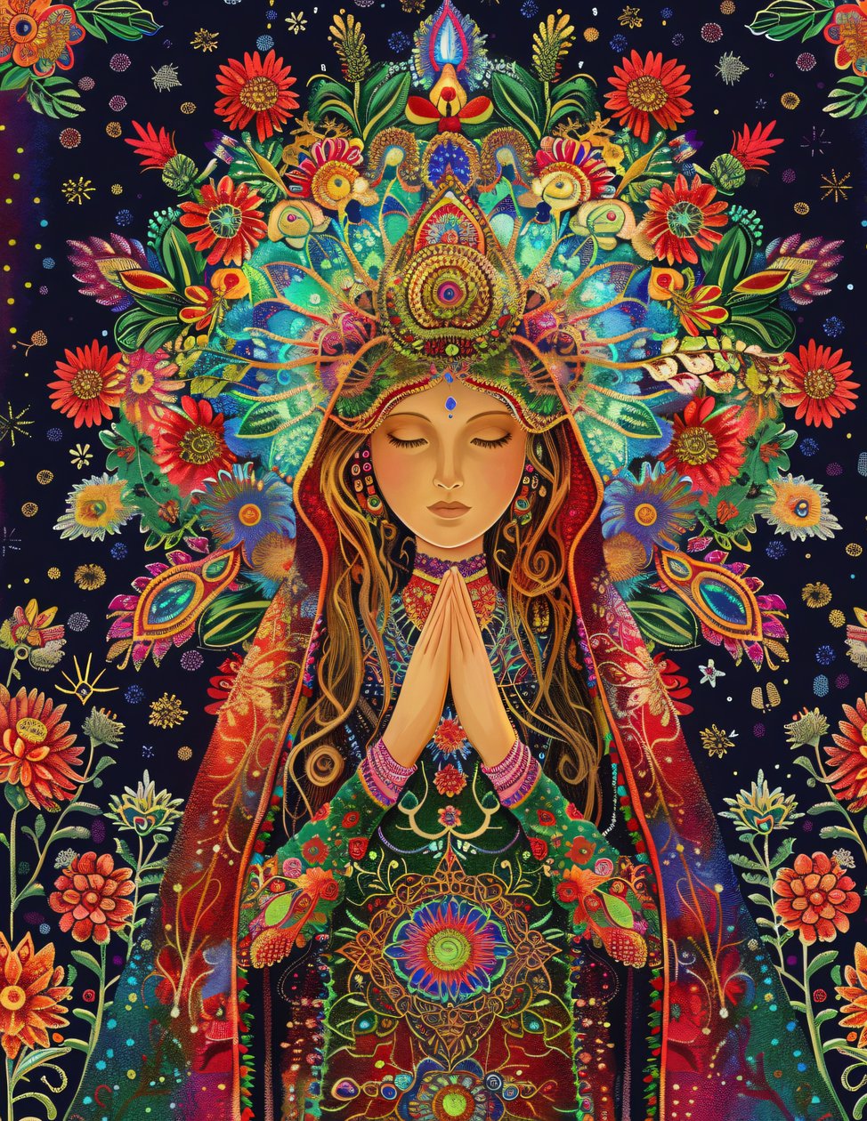 Egy gyönyörű nő, stílus Alex Grey, öröm és színek, spirituális és mandala minták, vászon művészeti nyomatok alkotó: F. Abderrahim