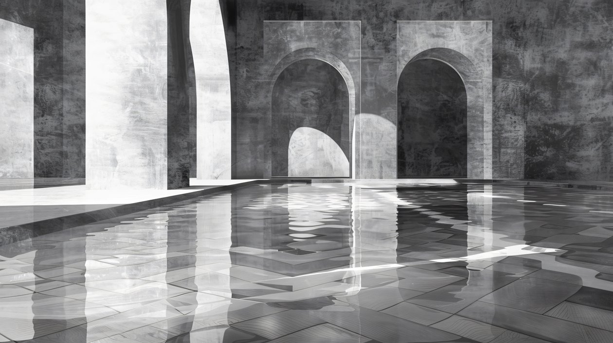 Arches  gates in a marble palace, építészet, Fekete-fehér, fali dekoráció nyomatok alkotó: F. Abderrahim