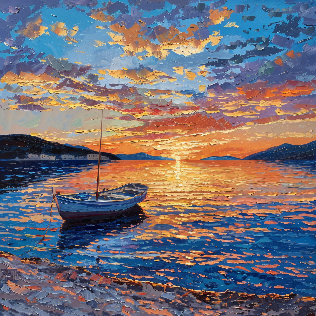 Boat on river at sunset Beautiful, Dalmatia, Croatia Olaj, vászon, fali dekoráció eladó alkotó: F. Abderrahim