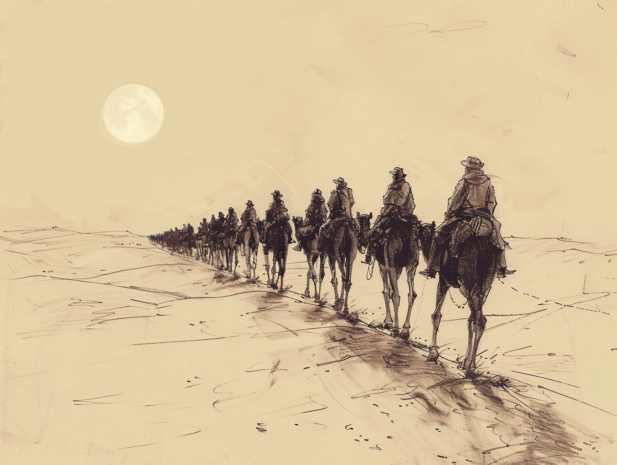 Desert Sun Procession Minimalista egyvonalas vázlat, fali dekoráció eladó alkotó: F. Abderrahim
