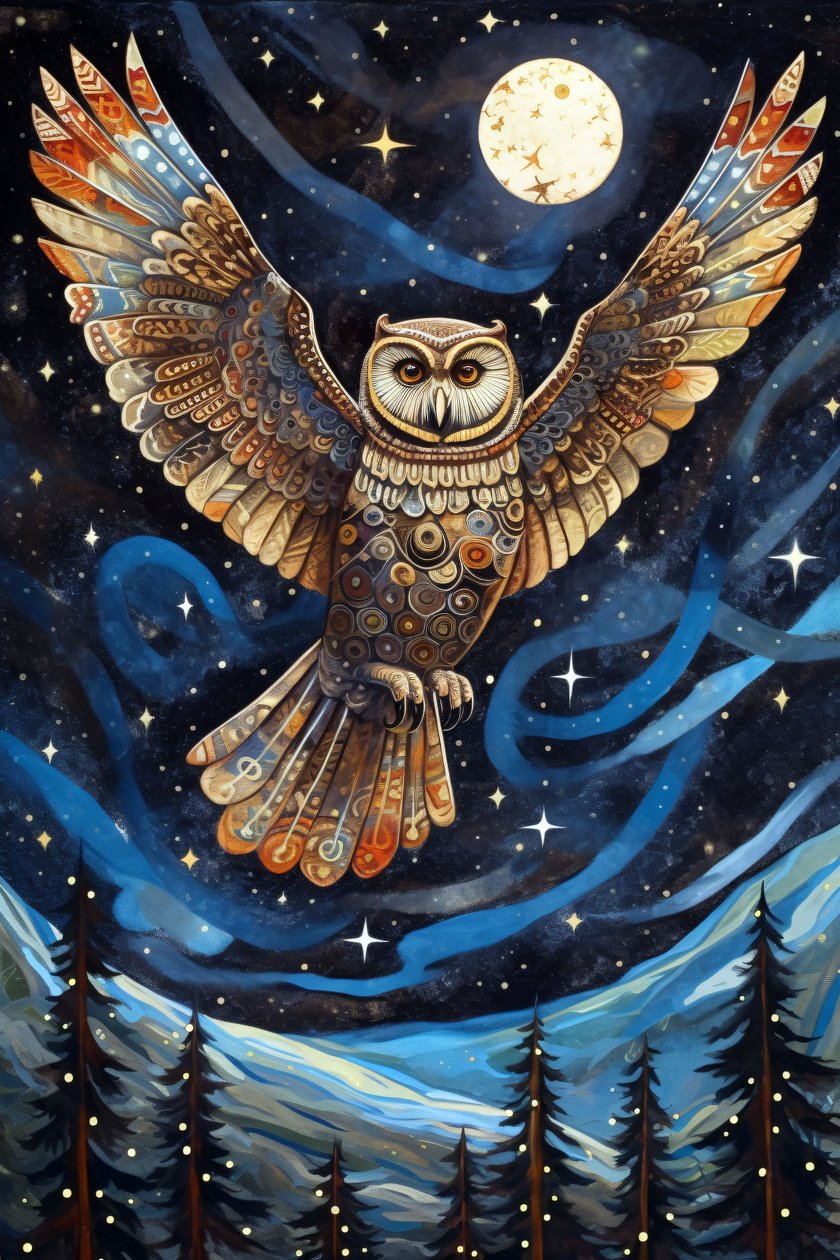 The Owl Soaring Through the Starry Night Sky, fali dekorációs nyomatok alkotó: F. Abderrahim