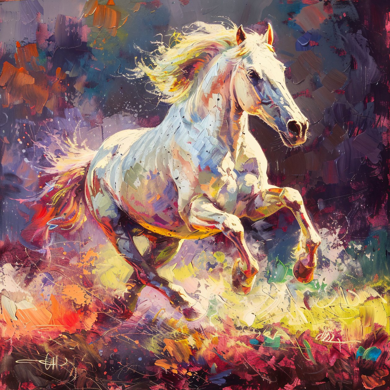 Vibrant Rendering of a White Stallion Galloping, wall art prints on demand alkotó: F. Abderrahim
