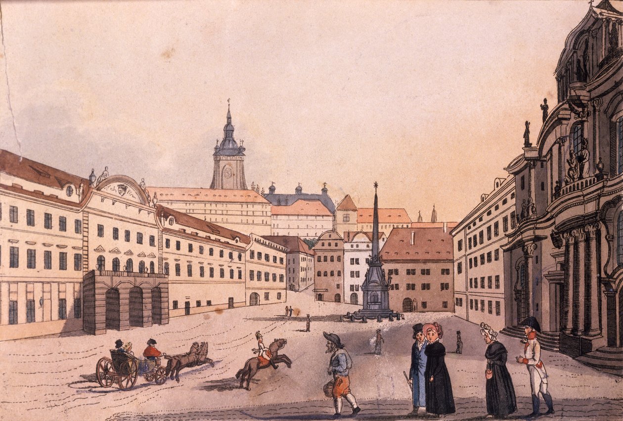 Felső Malostranské (kis negyed) tér, Prága, 1810 körül (színes rézkarc) alkotó: A. and Berka, Johann Gustav