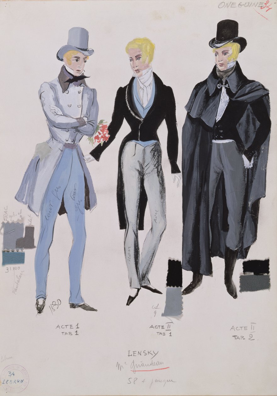 Lenszkij, jelmezek az „Eugene Onegin” opera I., II. és III. felvonásából, 1830 alkotó: A. Lebrun