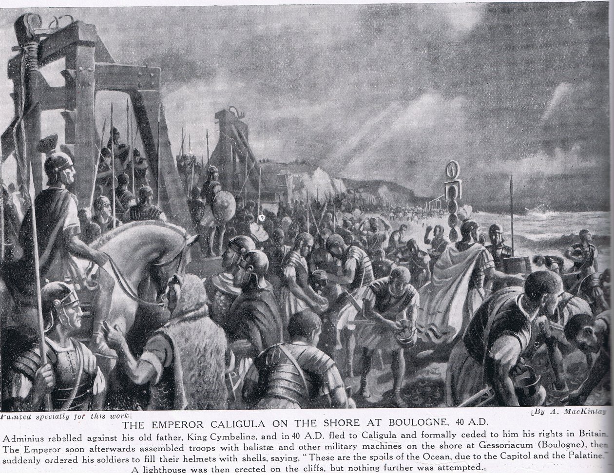 Caligula császár a boulogne-i parton, illusztráció Hutchinson nemzetek története, 1910 körül alkotó: A. MacKinlay
