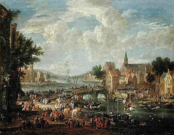 Városiak a folyóparton alkotó: A.F. and Bouts, P. Boudewyns