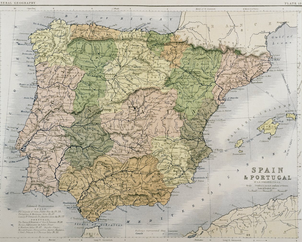 Spanyolország és Portugália térképe, 1869 körül alkotó: Alexander Keith Johnston
