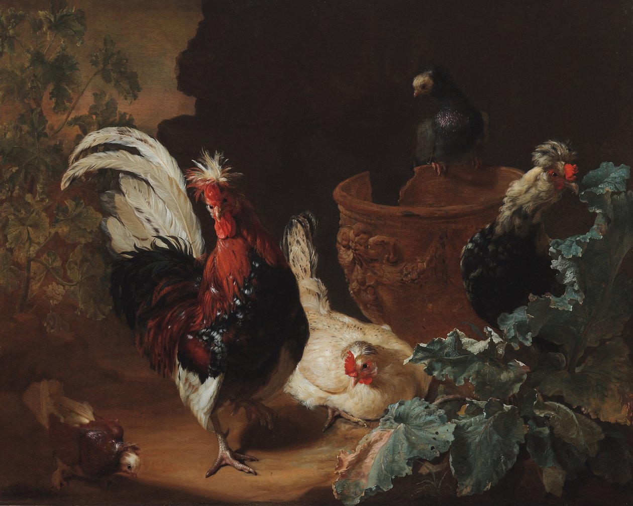 Egy kakas, két csirke és két galamb egy antik csipkés terrakotta váza mellett egy tájban, 1695 alkotó: Abraham Bisschop
