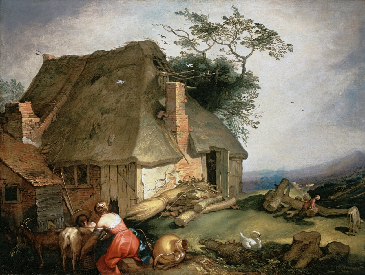 Házikó kecskét fejő parasztokkal alkotó: Abraham Bloemaert