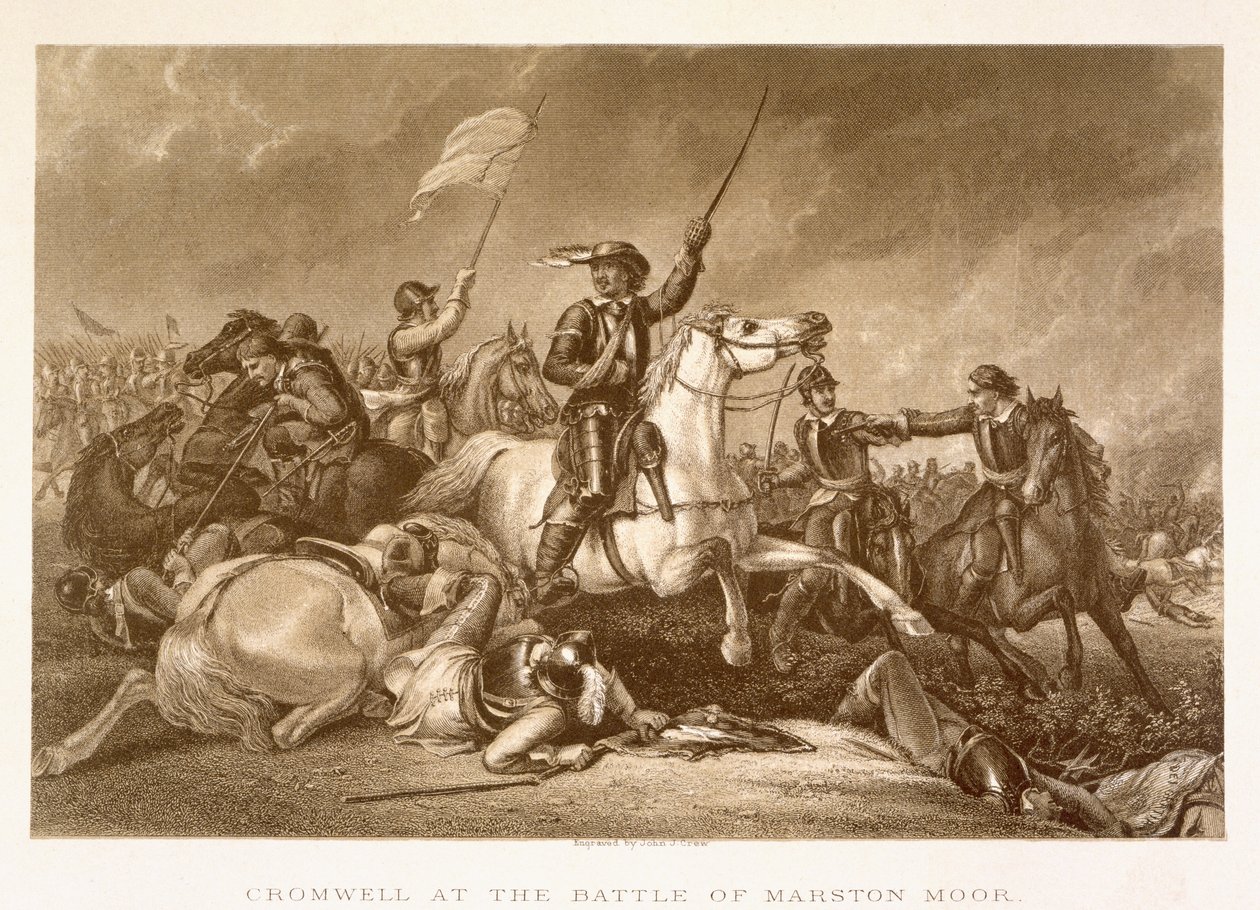 Cromwell vezette a rohamot, miután a jobb karjában megsebesült a marston-moori csatában, 1644. július 2-án, metszett John Crew alkotó: Abraham Cooper