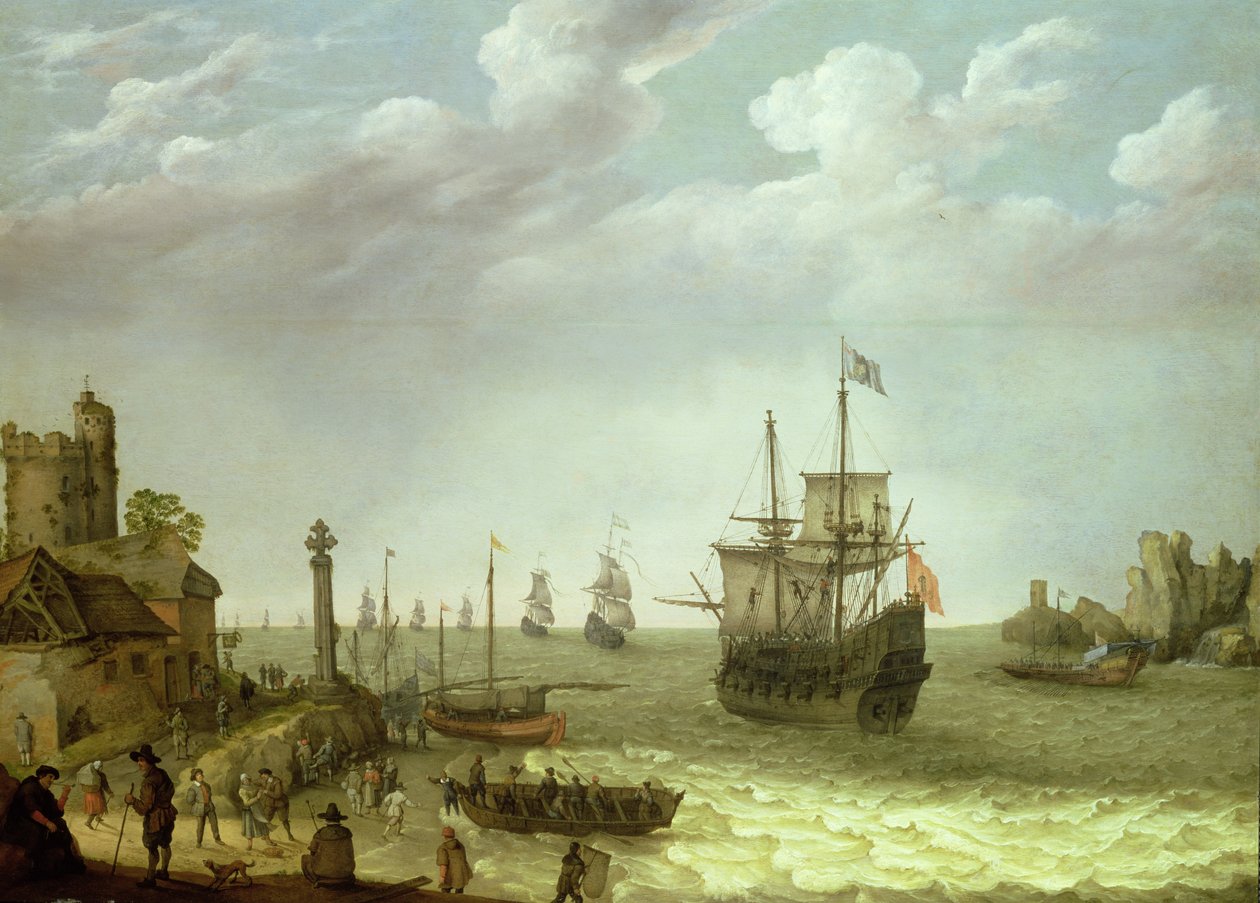 Település sziklás parton a holland flotta közeledtével, 1640 alkotó: Abraham Willaerts