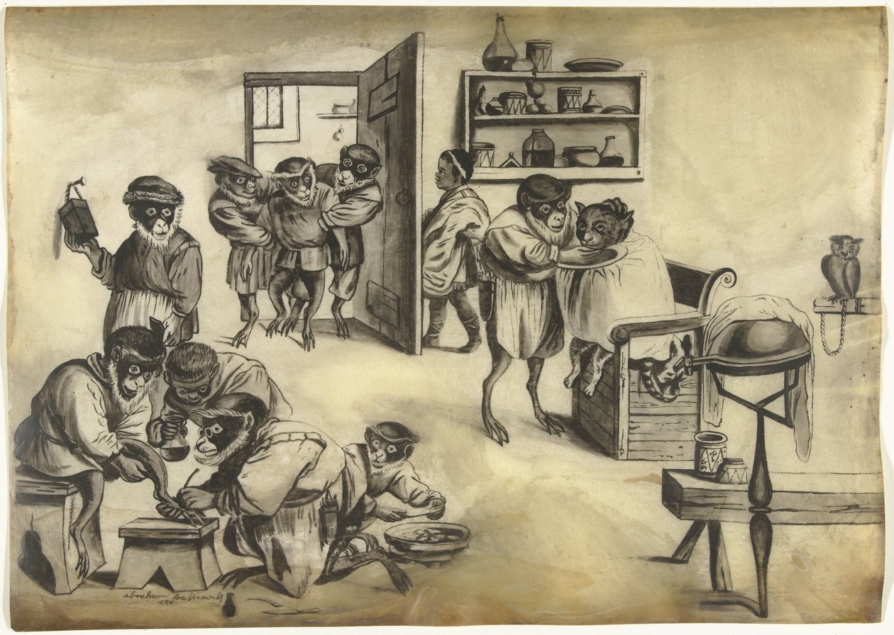 Borbély majmokkal, 1720 körül alkotó: Abraham Bastiaensz.