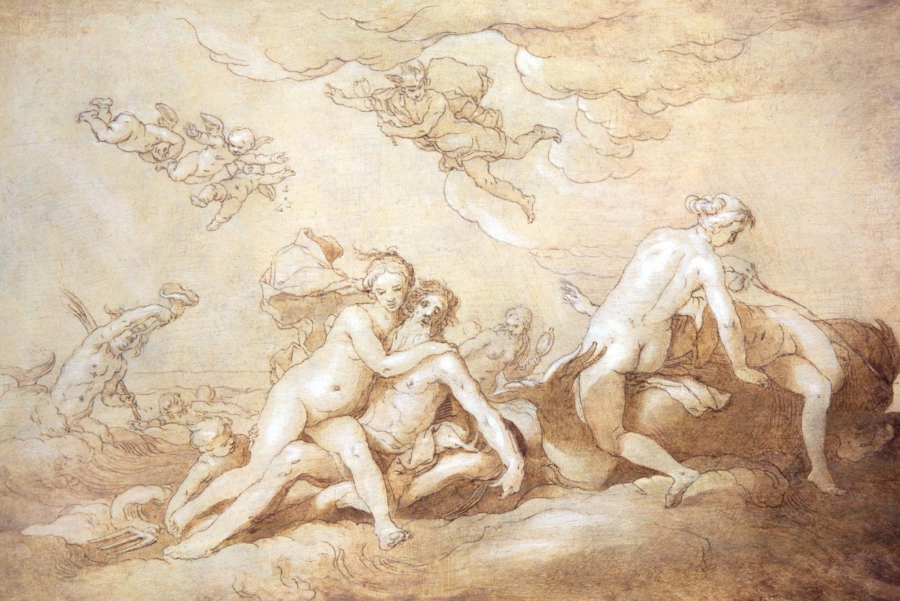 Neptunusz és Amphitrité (toll és tus) alkotó: Abraham Bloemaert