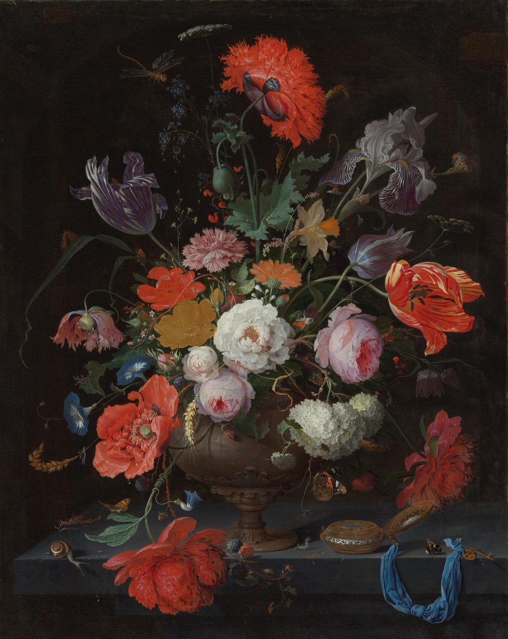 Csendélet virágokkal és órával alkotó: Abraham Mignon