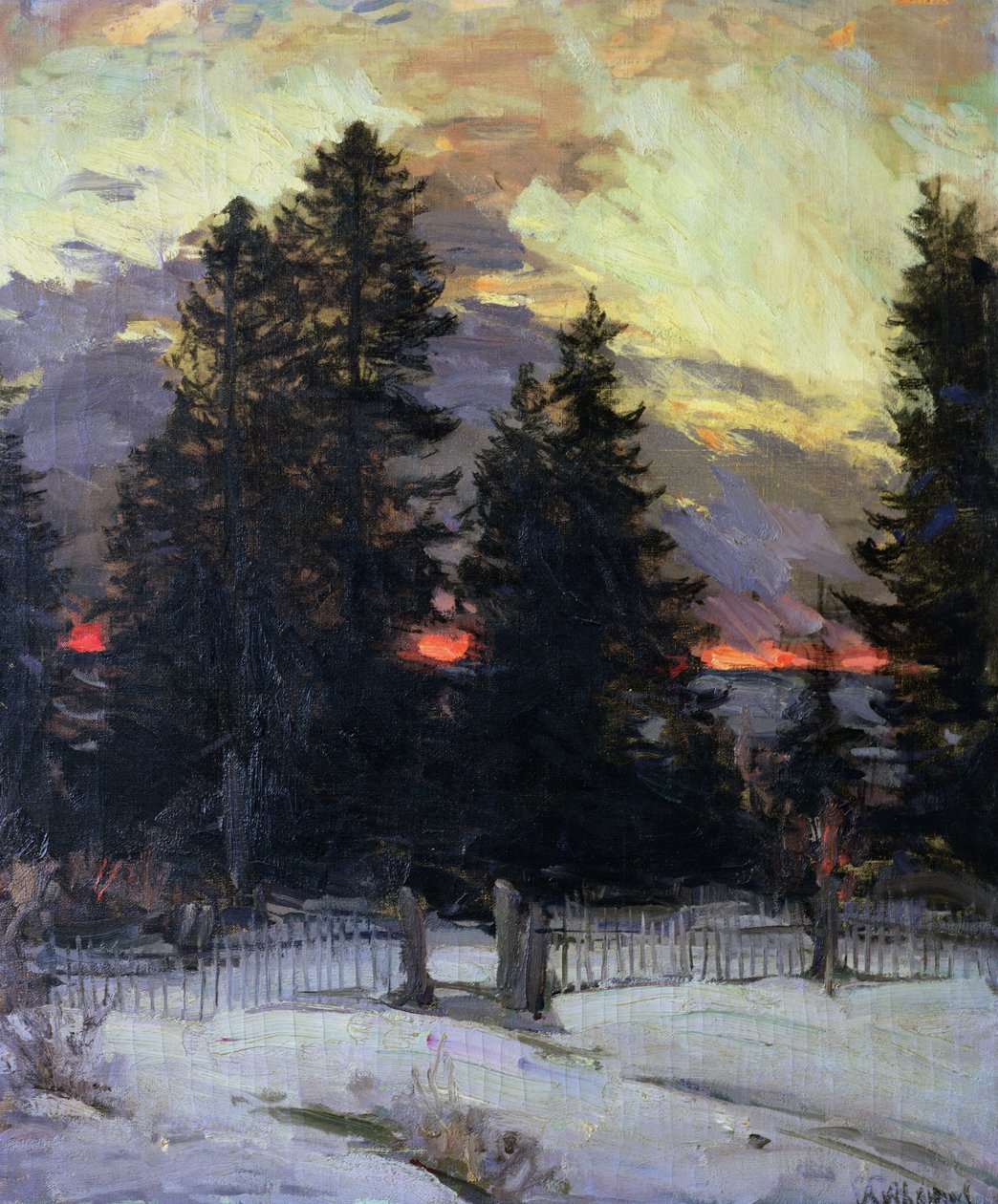 Naplemente a téli tájon, 1902 körül alkotó: Abram Efimovich Arkhipov