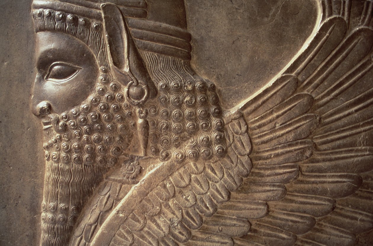 Szárnyas ember oroszlántesttel, a Tripylon északi lépcsőjének domborművének részlete, Kr.e. 470 körüli kő alkotó: Achaemenid