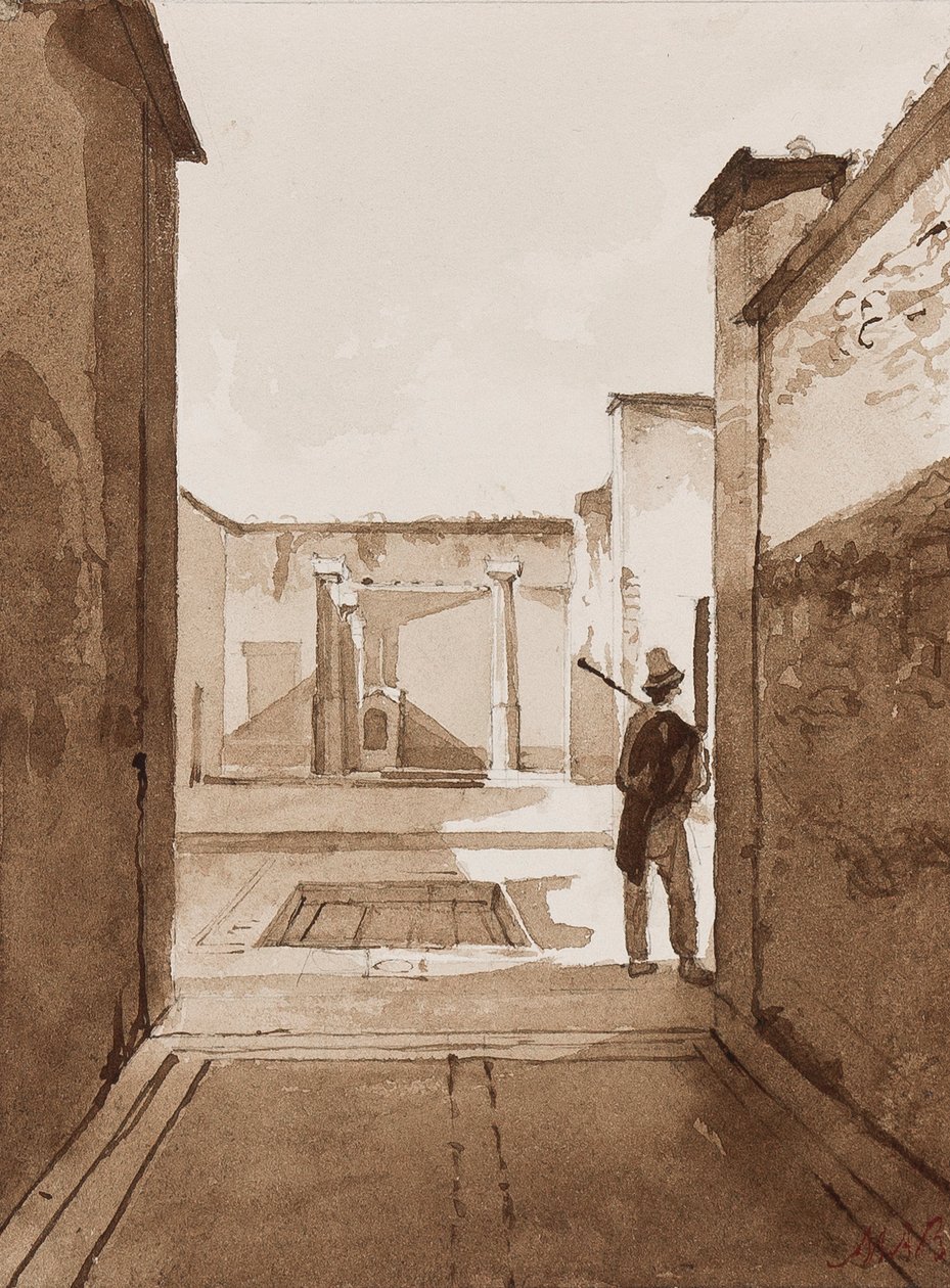 Pompeji udvar, kiegészítésekkel, Maria Annunziata di Borbone hercegnő (1843-1871) (ceruza és szepiamosás, papír) alkotó: Achille Vianelli