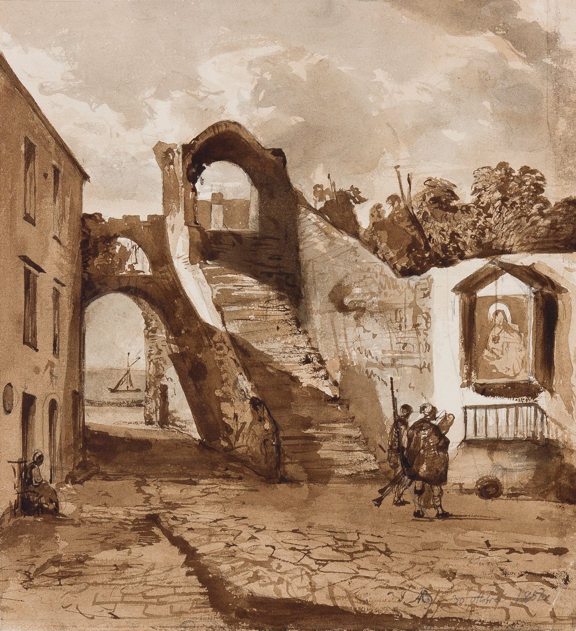 Szentély egy nápolyi falu falaiban, Alfonso Maria di Borbone herceg (1841-1934) kiegészítésével, 1854. október 30. (ceruza és szépia mosás papíron) alkotó: Achille Vianelli