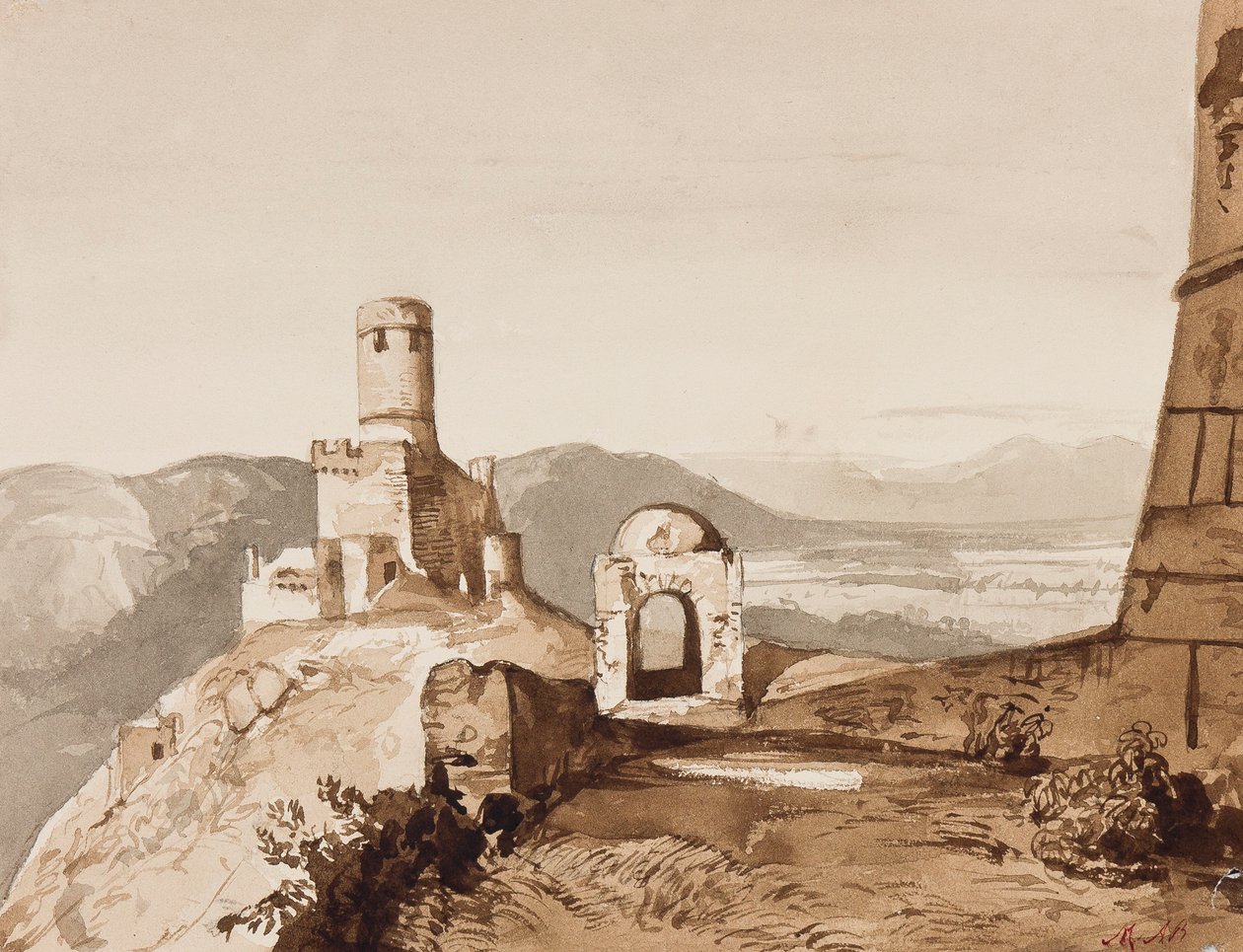 Torony és városfalak, esetleg Sorrento felett, Maria Annunziata di Borbone hercegnő (1843-1871) kiegészítéseivel (ceruza és szépia mosás) alkotó: Achille Vianelli