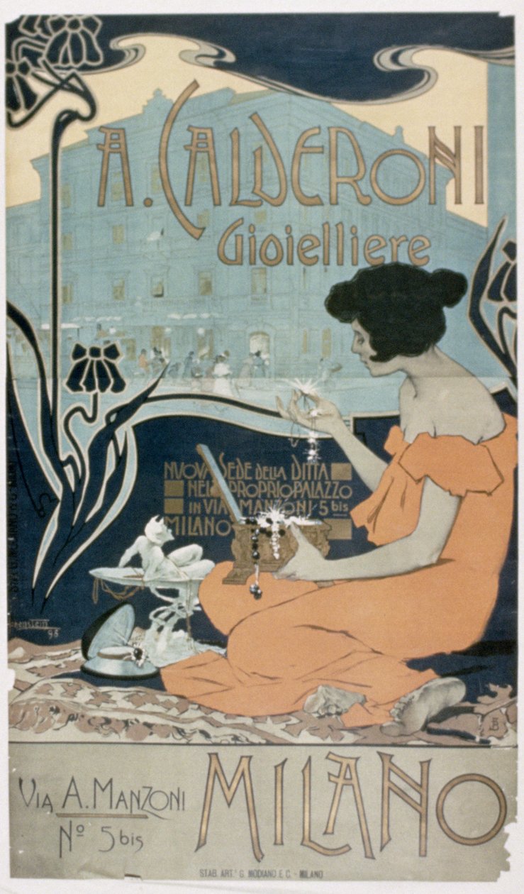 A. Calderoni, ékszerész, Milánó hirdetése. alkotó: Adolfo Hohenstein
