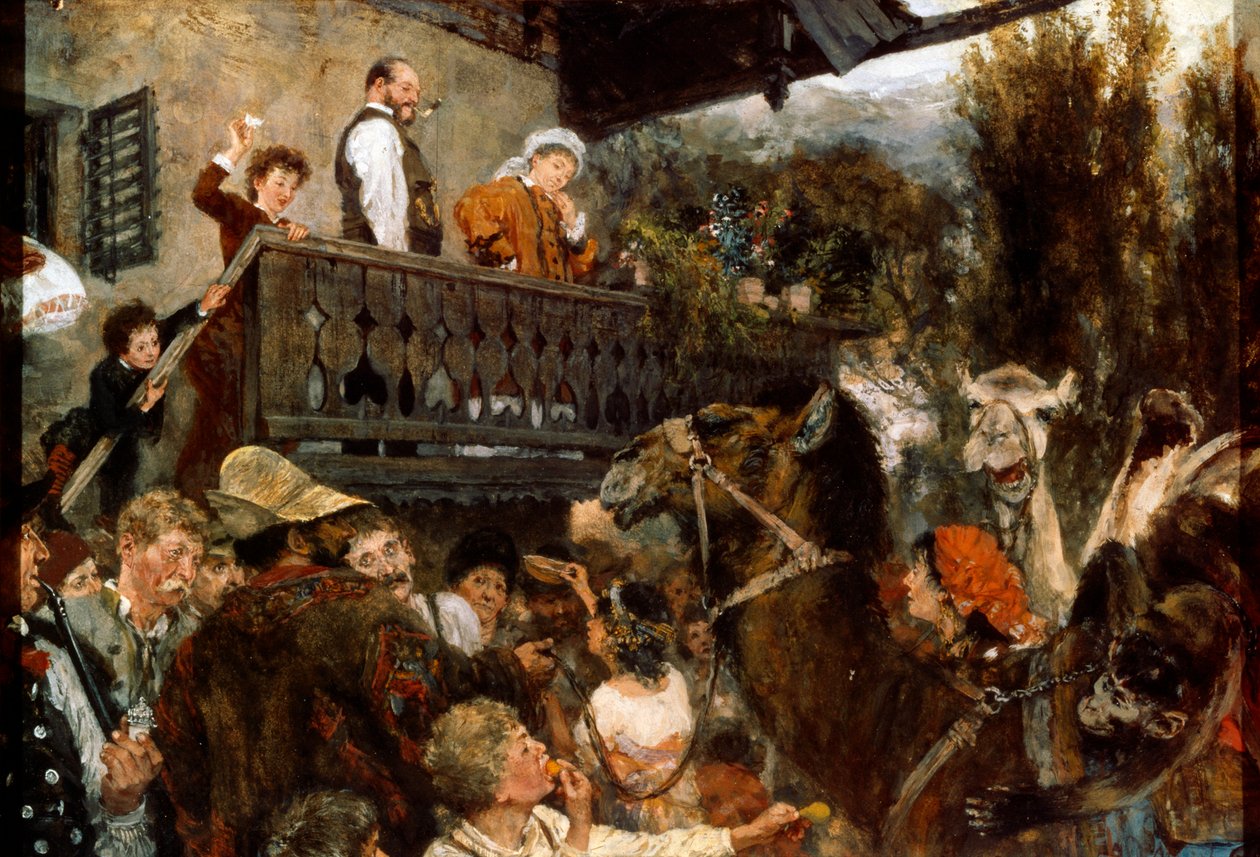 Utazó cirkuszi kaméleerek Partenkirchenben, 1884. alkotó: Adolph Menzel