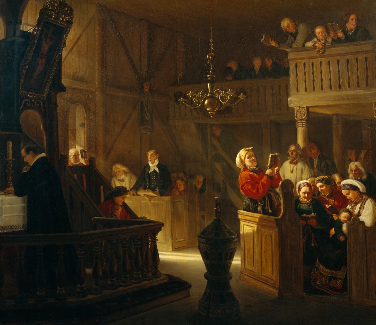 Istentisztelet egy norvég templomban alkotó: Adolph Tidemand