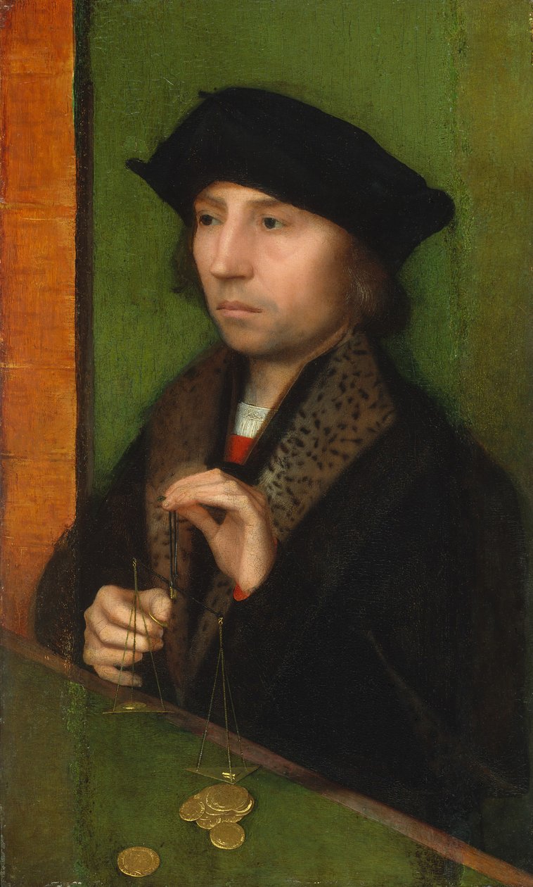 Aranyat mérlegelő férfi, kb. 1515-20. alkotó: Adriaen Isenbrandt