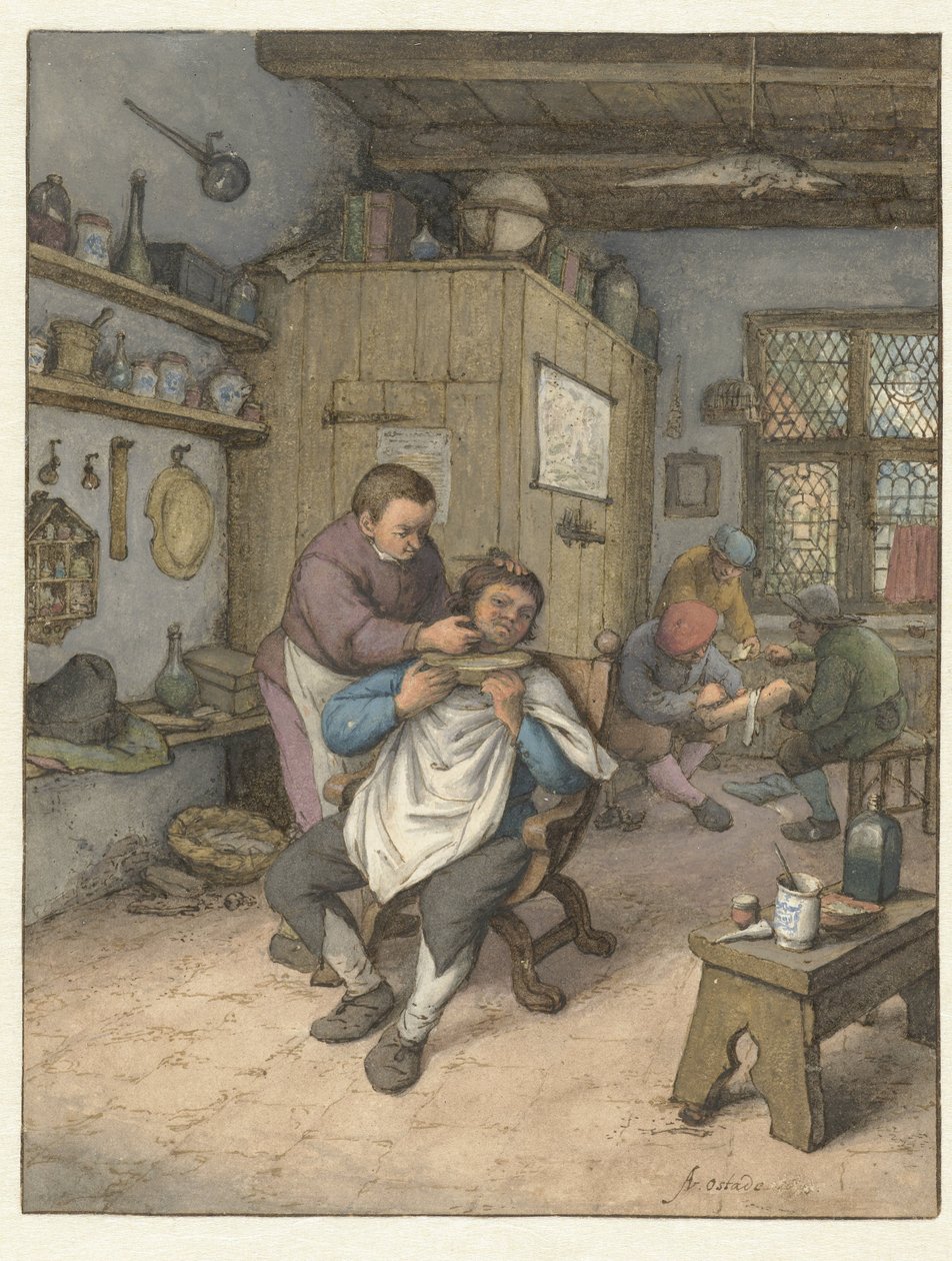 Egy fodrászat Barbierswinkel alkotó: Adriaen van Ostade