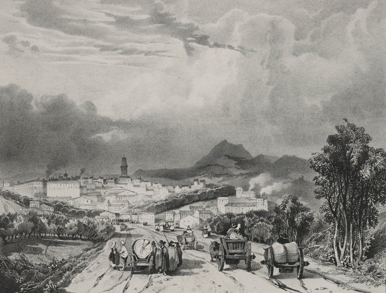 Riom általános képe, Auvergne, 1829. alkotó: Adrien Dauzats