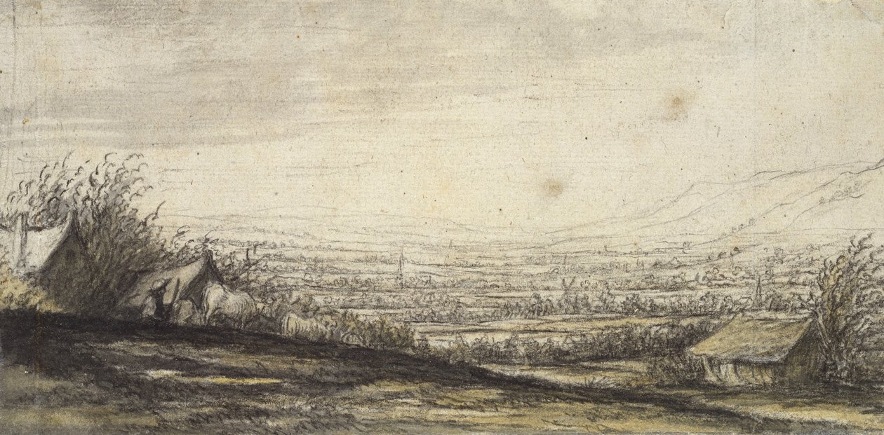 Kiterjedt táj kunyhóval és szarvasmarhákkal (fekete kréta, szürke és sárga mosás) alkotó: Aelbert Cuyp