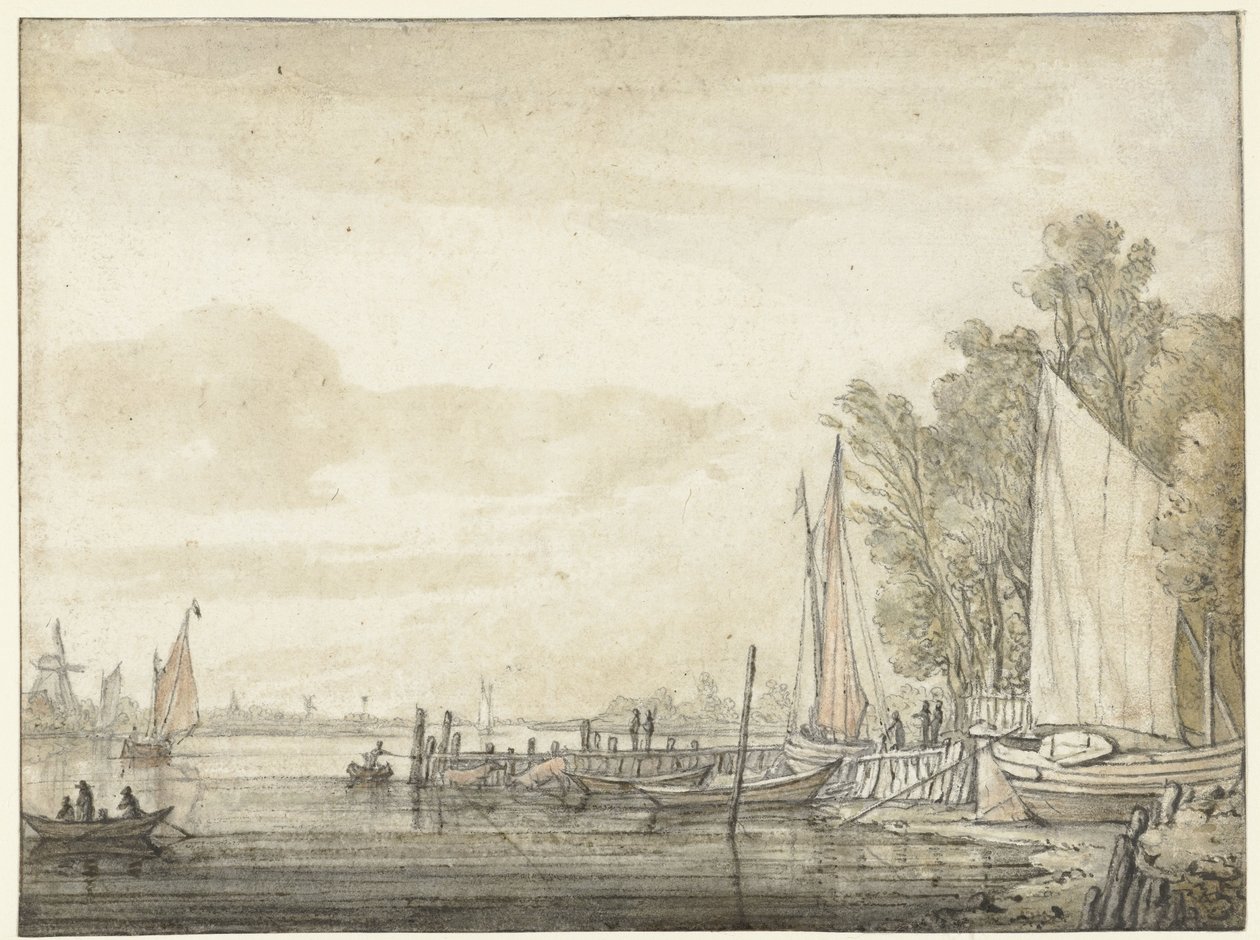 Csónakok a mólónál a folyóban alkotó: Aelbert Cuyp